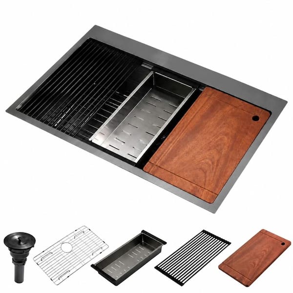 33 in. Drop-In Single Bowl 16 Gauge Nano Black Stainless Steel Workstation Sink with Accessories