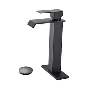 Single Handle Single Hole Bathroom Faucet Waterfall Spout Bathroom Sink Faucet with Pop-Up Drain in Matte Black