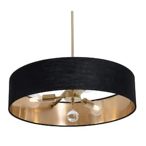 Celine 60-Watt 3-Light Satin Brass Shaded Pendant Light with Fabric Shade and No Bulbs Included