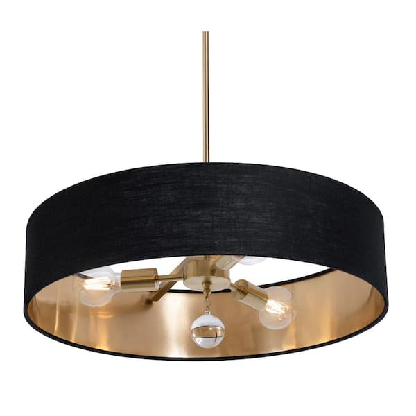 AFX Celine 60-Watt 3-Light Satin Brass Shaded Pendant Light with Fabric Shade and No Bulbs Included