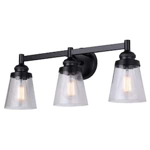 Declan 24.5 in. 3-Light Matte Black Vanity Light with Seeded Glass Shades