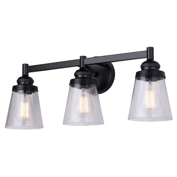 CANARM Declan 24.5 in. 3-Light Matte Black Vanity Light with Seeded Glass Shades