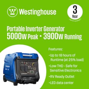 5,000-Watt Gas Powered Portable Inverter Generator with Recoil Start, LED Data Center