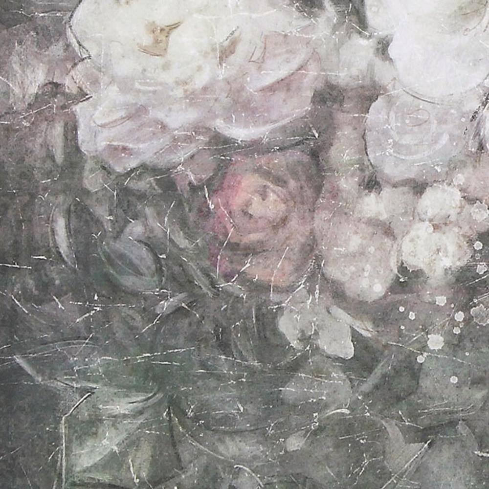 Large Gray and Pink Floral Canvas Painting with Distressed Wood Frame