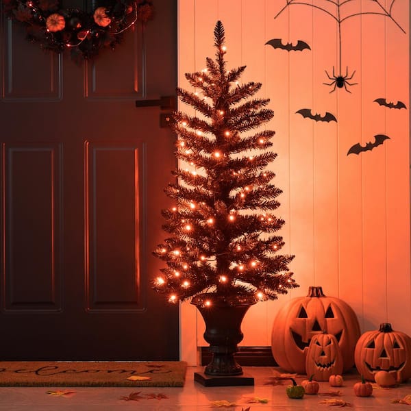 Glitzhome 48 in. H Lighted Black PVC Tips Porch Tree with 100 LED Orange Lights