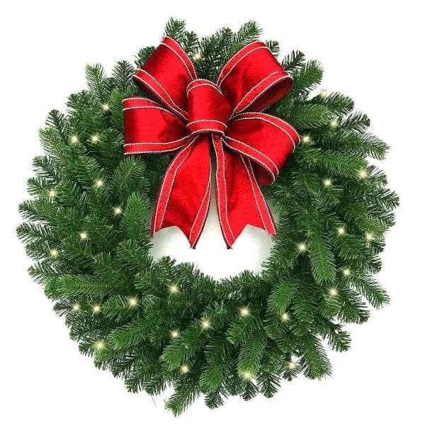 Home Accents Holiday 30 in. Blanton Pre-Lit LED Artificial Douglas Wreath with Ribbon, 35 Warm White Lights