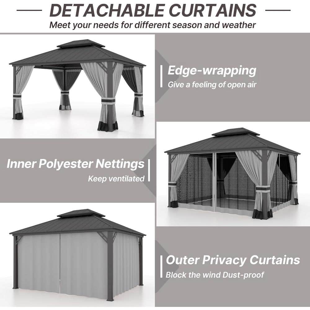 Gray 12x16ft Hardtop Gazebo with Nettings and Curtains