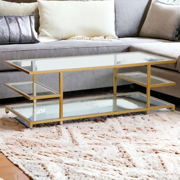 HomeRoots 54 in. Gold Rectangle Glass Coffee Table with Shelves Storage