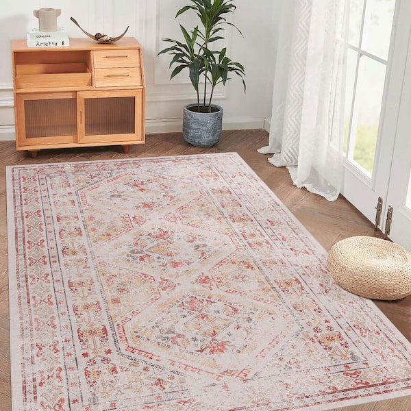 3 X 5 Beige Abstract Washable Area Rug for Bedroom, Dining Room, Living Room