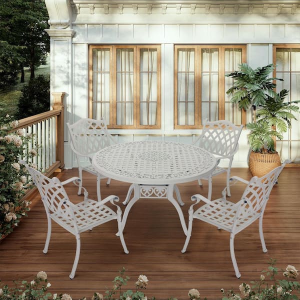 5-Piece White Cast Aluminum Patio Dining Set with 47 in. Round Table and 4 Dining Chair