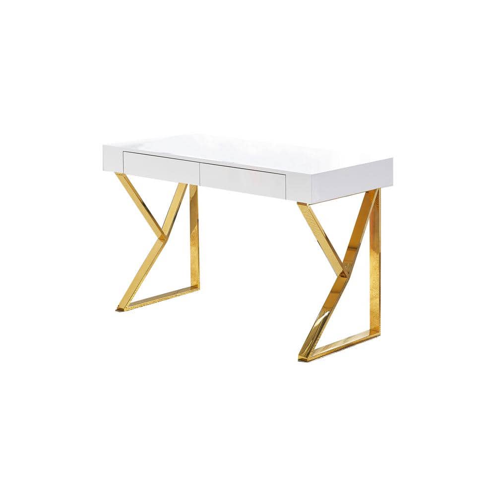 Modern White Lacquer Wood Computer Desk with Stainless Steel Base, 47"