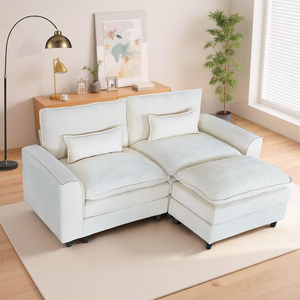 Comfy 85 in. Square Arm 2-Seat Chenille Sectional Sofa Loveseat Couch with Flexible Ottoman and Pillow in Beige