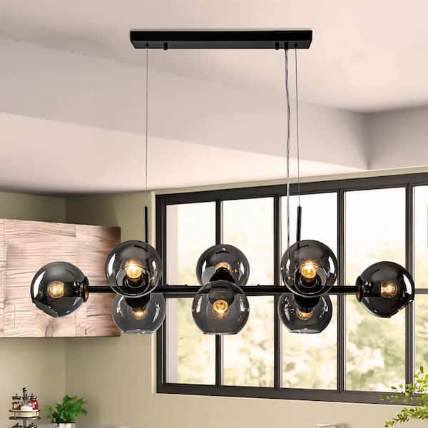 RRTYO Hermitage 8-Light Black Kitchen Island Sputnik Linear Globe Pendant Chandelier with Glass Shade