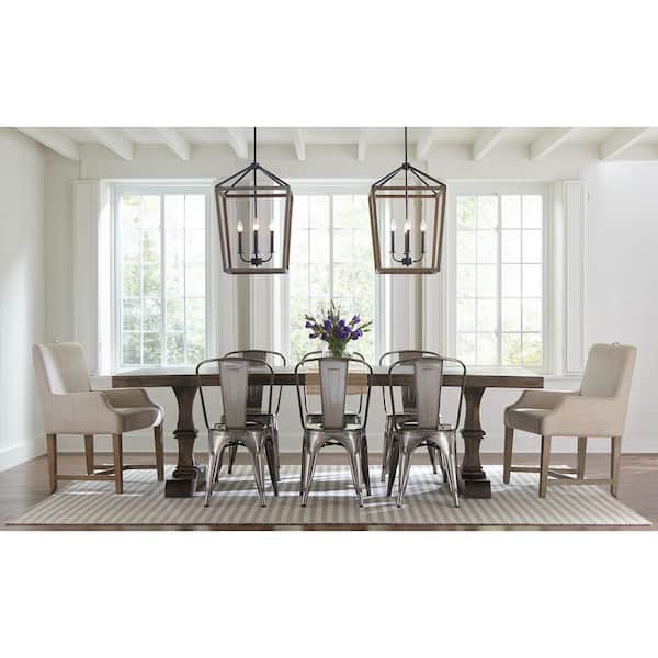 Gannet 4-Light Weathered Oak Wood and Antique Forged Iron Rustic Farmhouse Dining Room Hanging Candlestick Chandelier