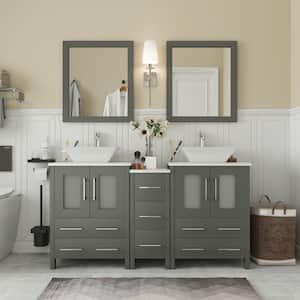 Ravenna 60 in. W Bathroom Vanity in Grey with Double Basin in White Engineered Marble Top and Mirror