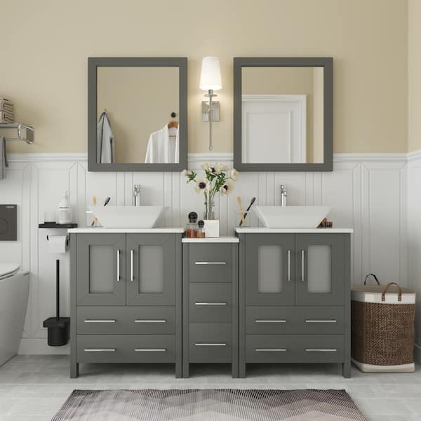 Vanity Art Ravenna 60 in. W Bathroom Vanity in Grey with Double Basin in White Engineered Marble Top and Mirror