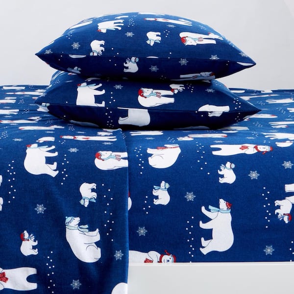 FRESHFOLDS 4-Piece Blue Polar Bears 100% Turkish Cotton Flannel King Winter Sheet Set