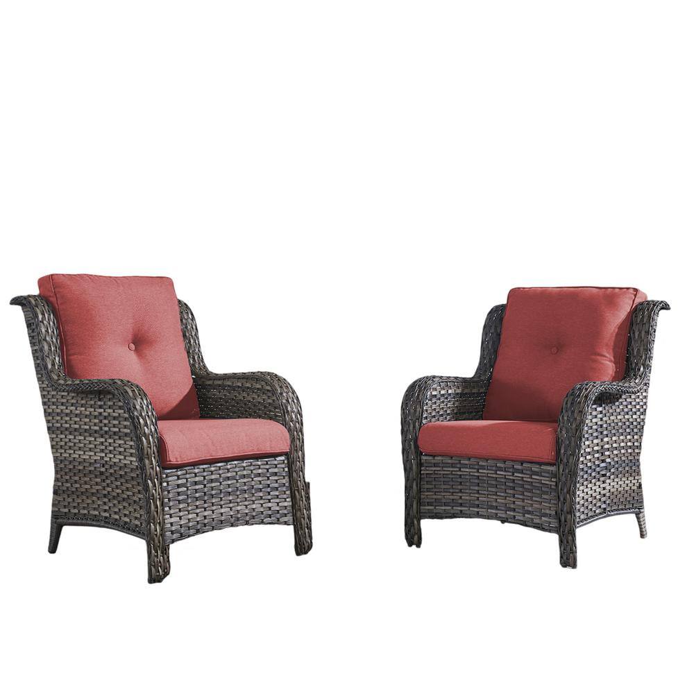 Gray Wicker Lounge Chairs with Red Cushions, Set of 2