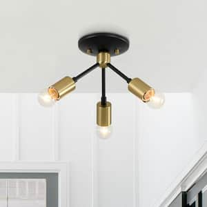 Sencillo 3 Light 10 in. W Mid-Century Sputnik Black and Brass Semi Flush Mount for Dining Rooms, and Entryways