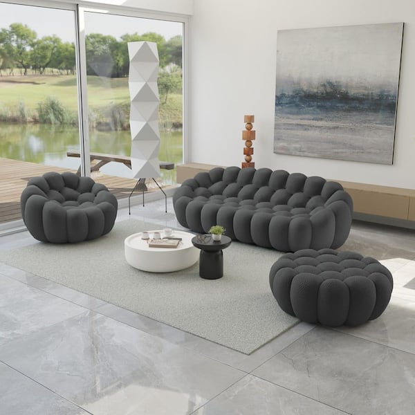 Bubble 3D Knitted Fabric 98 in. Curved Sectional Sofa Floor Couch with Chair, Ottoman in. Gray (Set of 3)