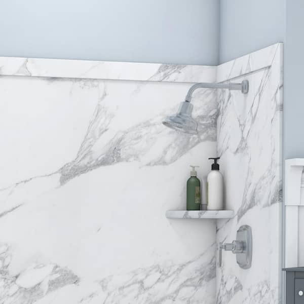 Royale 36 in. x 60 in. x 80 in. 11-Piece Easy Up Adhesive Alcove Bathtub/Shower Wall Surround in Calacatta White