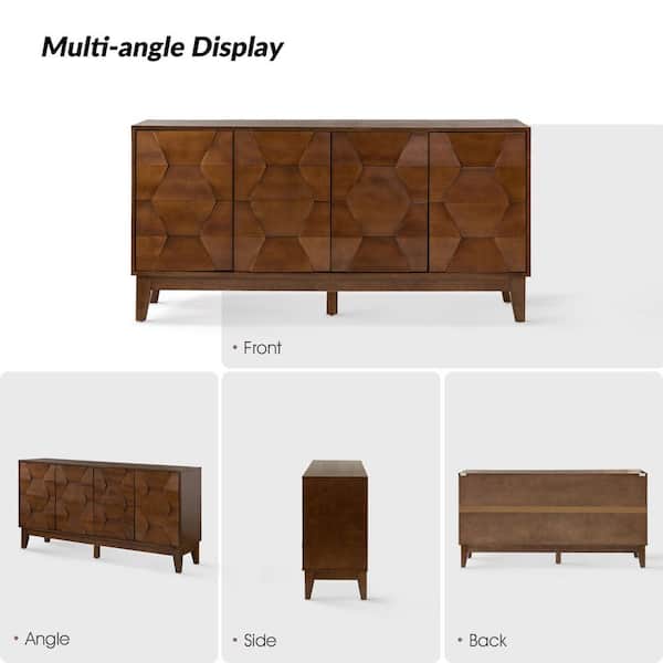 JAYDEN CREATION - Kamis Modern Walnut 60 in. Hexagonal Embellishments Sideboard with Solid Wood Legs