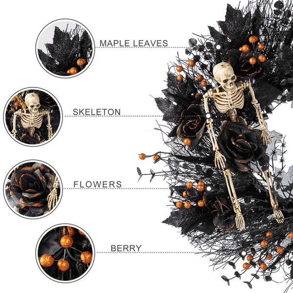 Halloween Wreath With Skull Hands & Maple Leaves – 43x43x5cm Black Orange Wreath, Front Door Decor, Skeleton Ornament