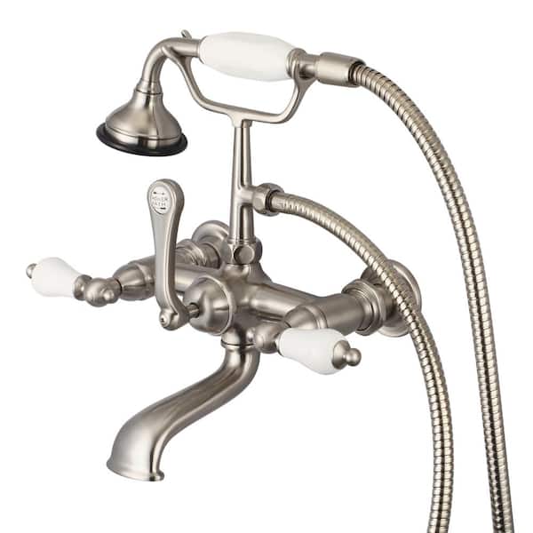 Water Creation 3-Handle Vintage Claw Foot Tub Faucet with Hand Shower and Porcelain Lever Handles in Brushed Nickel