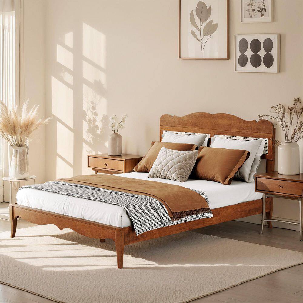 Classic Brown Solid Wood Bed Frame Queen Size Platform Bed with Woven Rattan Headboard price history on PriceWatchPro