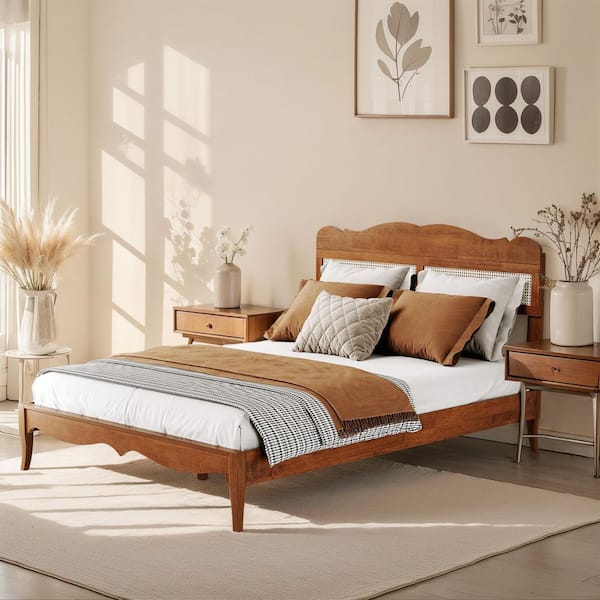 Classic Brown Solid Wood Bed Frame Queen Size Platform Bed with Woven Rattan Headboard