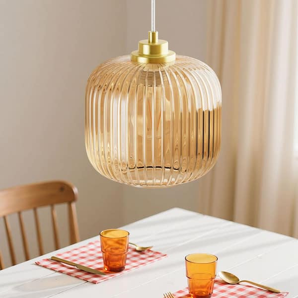 60-Watt 1-Light Gold Modern Pendant Light with Cognac Color Glass Shade for Dining Room Porch, No Bulbs Included