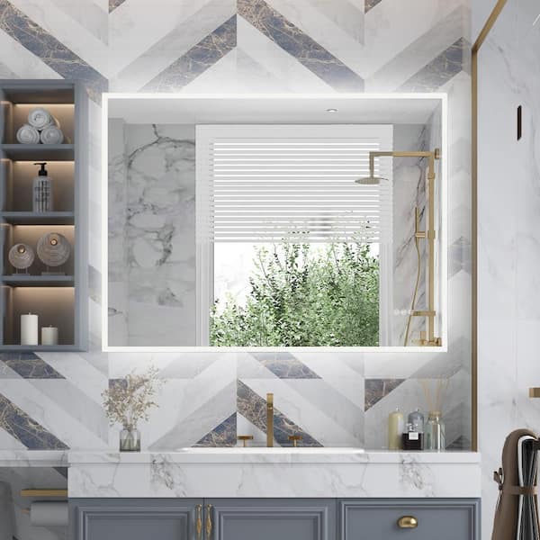 WELLFOR 48 in. W x 36 in. H Rectangular Frameless Backlit and Front Lighted Mounted Wall Bathroom Vanity Mirror