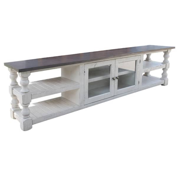 Benjara 92.5 in. Ivory White and Gray Wood TV Stand Fits TVs up to 88 in. with Plank Shelves