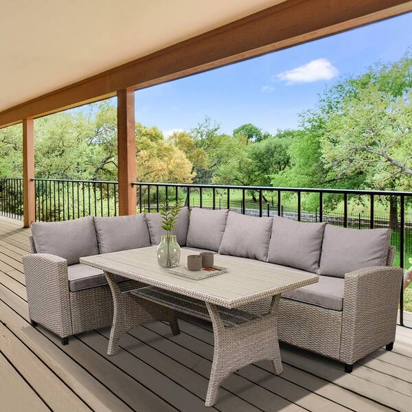 Mondawe Beige Patio Outdoor Furniture Pe Rattan Wicker Conversation Sectional Sofa Set With Table And Soft Cushions Tp 073aad The Home Depot Mondawe Beige Patio Outdoor Furniture, Outdoor Sectional Dining Furniture