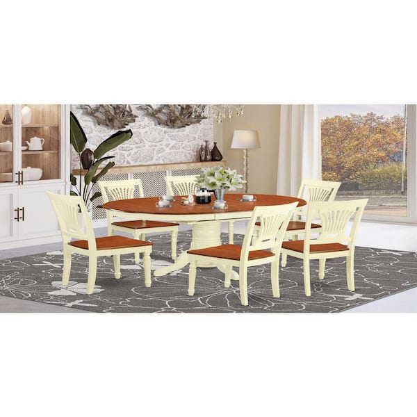 7-Piece Buttermilk and Cherry Finish Solid Wood Top Dining Table with 6 Chairs with Lattice Back