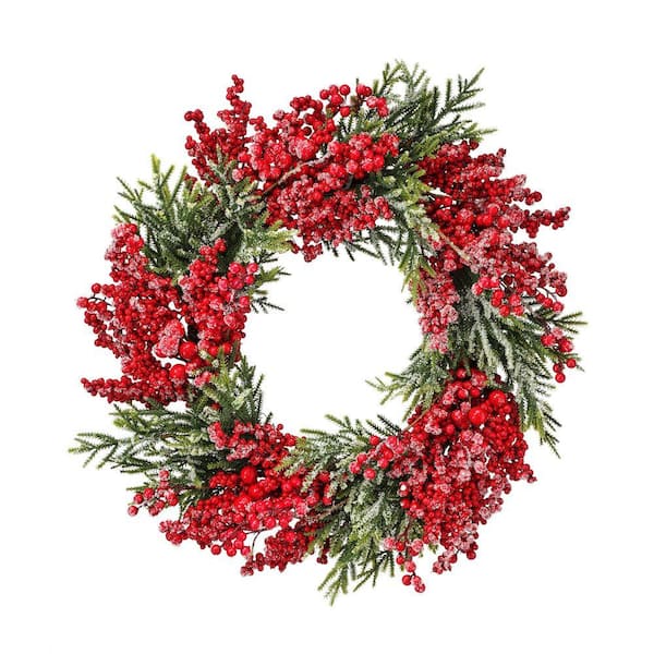24 in. Green Artificial Frosted Waterproof Berry Mini Spruce Wreath