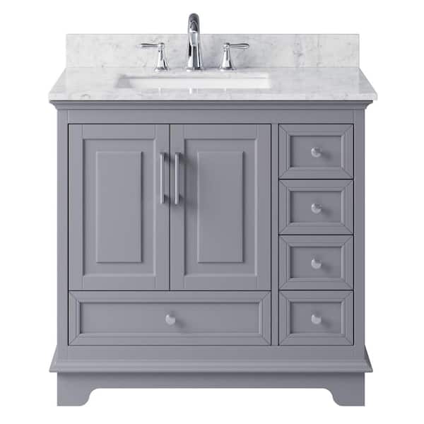 Exclusive Heritage McAuley 35.28 in. W x 21.65 in. D x 33.86 in. H Bath Vanity in Taupe Grey w/ Marble Vanity Top in White w/ White Basin
