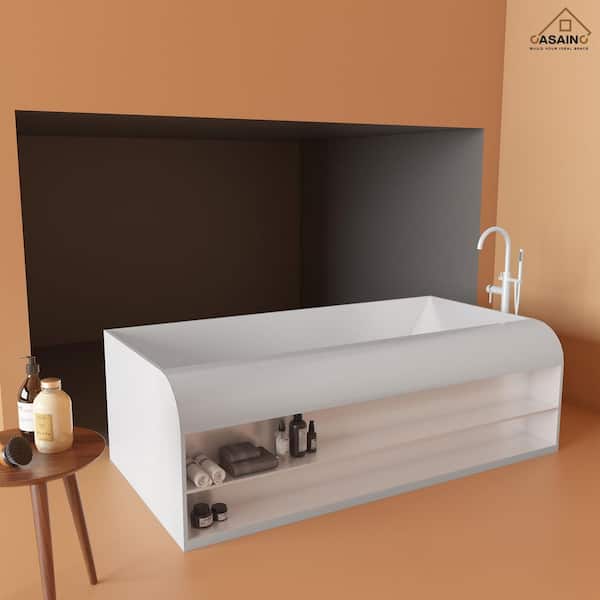 69 in. Stone Resin Flatbottom Solid Surface Freestanding Non-Whirlpool Egg Shaped Soaking Bathtub in Glossy White