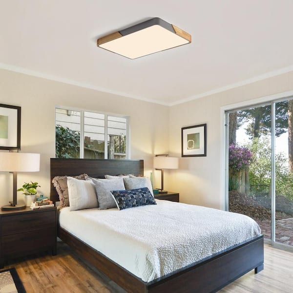 HUOKU Lumin 34.6-in. W Gray and Wood Integrated LED Flush Mount