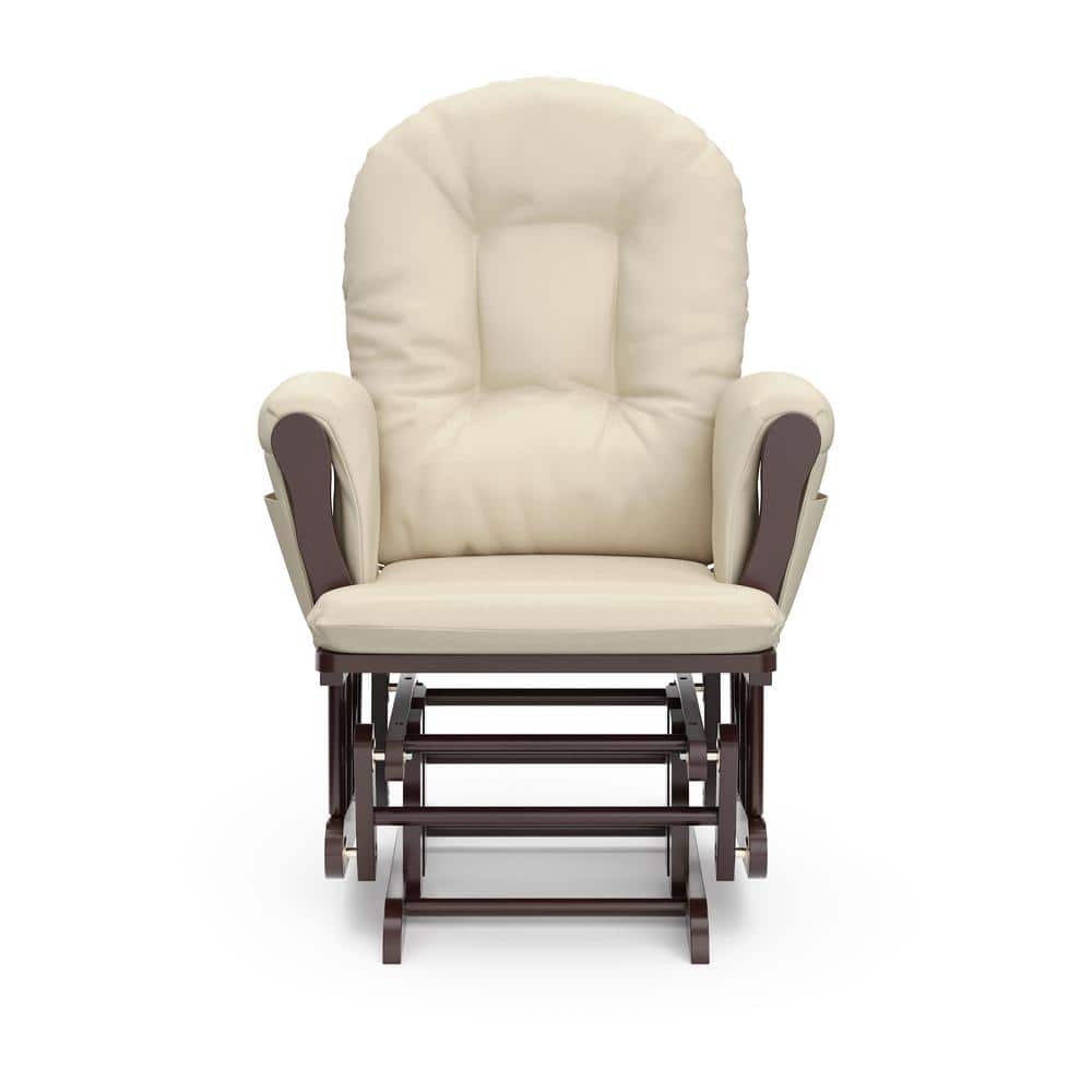 Espresso Wood Glider Chair and Ottoman with Beige Cushions