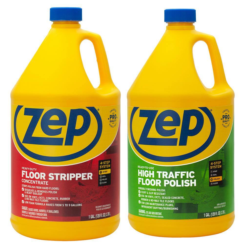 Zep 128 Oz High Traffic Floor Polish With Heavy Duty Floor Stripper 128 Oz 2 Pack Combo Bnzuhtfflffs128 The Home Depot