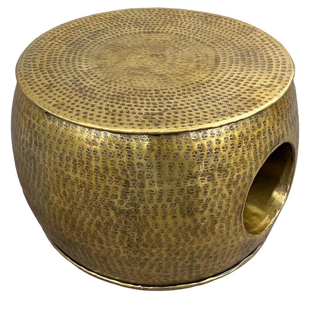 Antique Brass Round Metal Lift-Top Coffee Table with Hollow Center