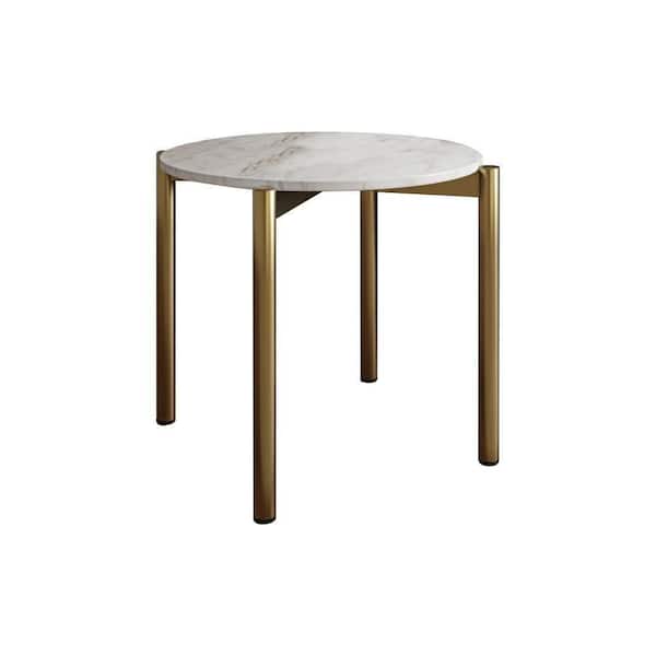 Benjara 21.5 in. White and Gold Round Marble Top Modern End Table with Metal Legs
