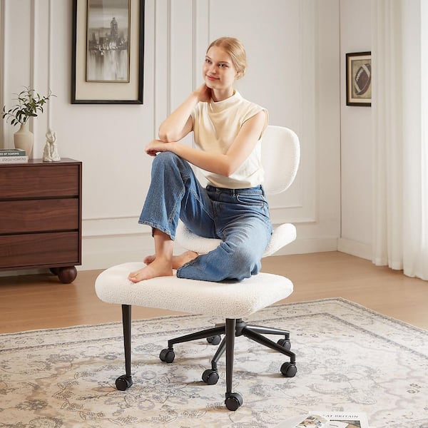 Teddy Fabric Ergonomic Office Chair with Back Support and Wheels Cross-Legged ADHD Adjustable Office Chair in Off-White