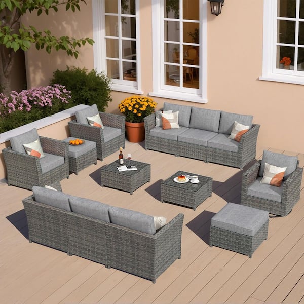 OVIOS Bexley Gray 13-Piece Wicker Patio Conversation Seating Set with Dark Gray Cushions and Swivel Chairs