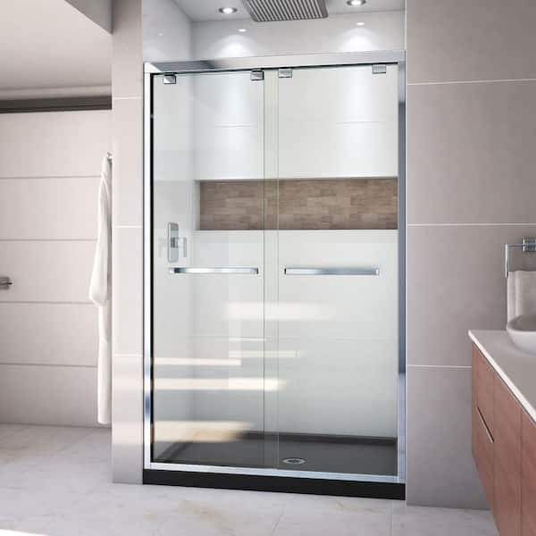 DreamLine Encore 48 in. x 78-3/4 in. Semi-Frameless Sliding Shower Door in Chrome with Center Drain Base in Black