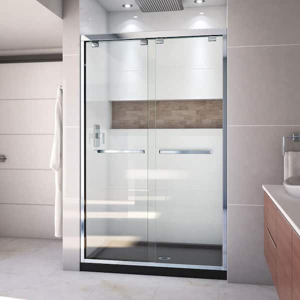 DreamLine Encore 32 in. D x 48 in. W x 78.75 in. H Semi-Frameless Sliding Shower Door in Chrome with Center Drain Black Base
