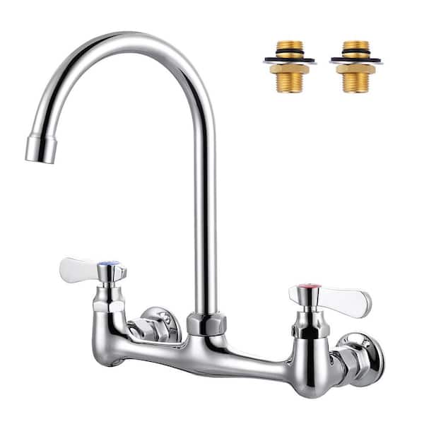 Double Handle Wall Mount Commercial Standard Kitchen Faucet with 6" Gooseneck Swivel Spout in Polished Chrome