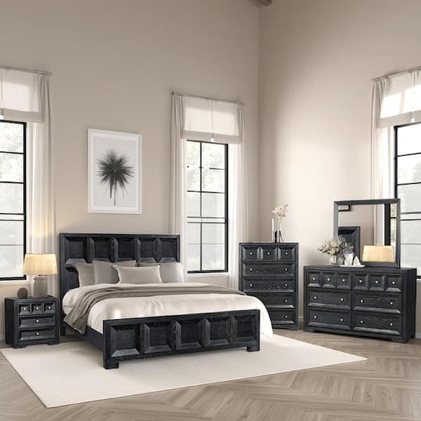 Kizie 5-Piece Weathered Black Queen Engineered Wood Bedroom Set