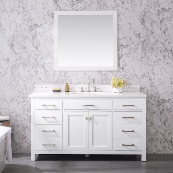 SUDIO Jasper 60 in. W x 22 in. D Bath Vanity in White with Engineered Stone Vanity Top in Carrara White with White Sink